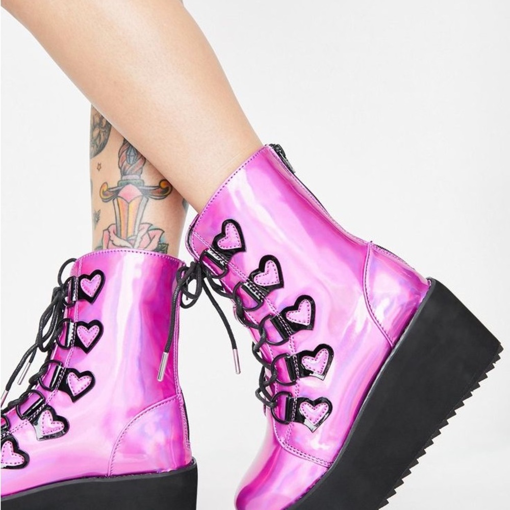 Strange Cult Dolls Kill Pink Heart Lace-Up Platform Boots